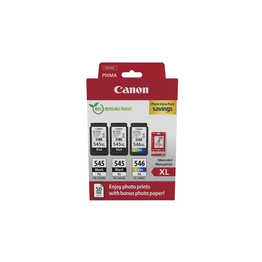 Canon pg-545xl/cl-546xl multipack de 3 cartuchos de tinta originales + 50 hojas de papel fotografico - 8286b015