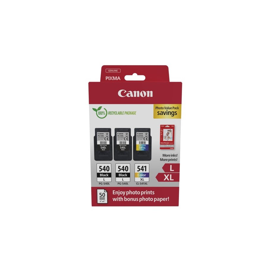 Canon pg-540l/cl-541xl multipack de 3 cartuchos de tinta originales + 50 hojas de papel fotografico - 5224b015