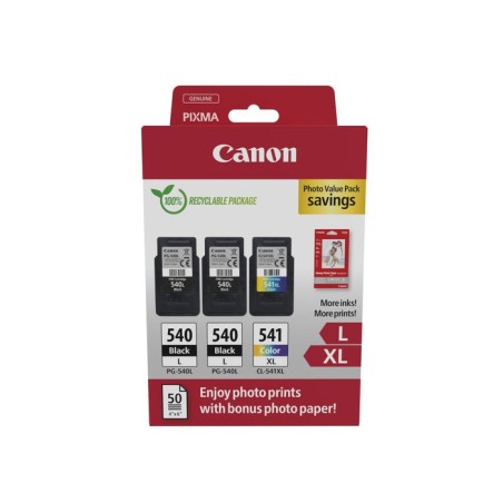 Canon pg-540l/cl-541xl multipack de 3 cartuchos de tinta originales + 50 hojas de papel fotografico - 5224b015