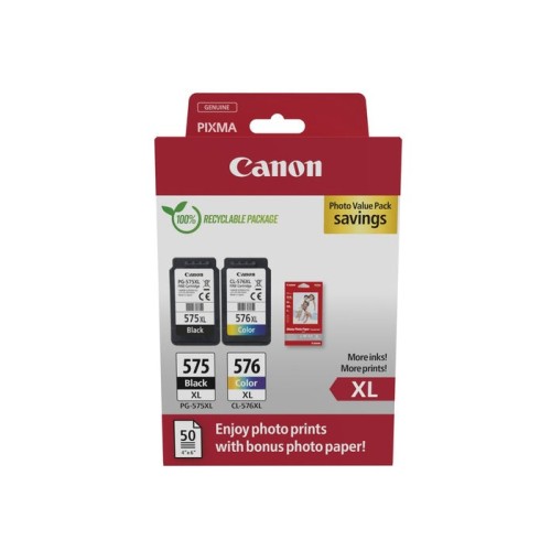 Canon pg-575xl/cl-576xl multipack de 2 cartuchos de tinta originales + 50 hojas de papel fotografico - 5437c006