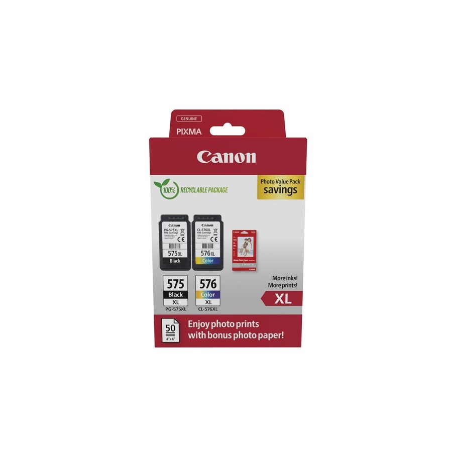 Canon pg-575xl/cl-576xl multipack de 2 cartuchos de tinta originales + 50 hojas de papel fotografico - 5437c006