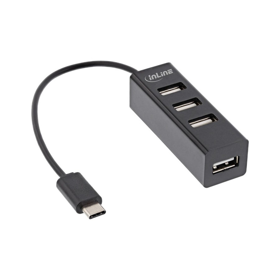 Inline® usb 2.0, 4-port hub, usb-c macho a 4x usb-a female, black, 15cm, slim design
