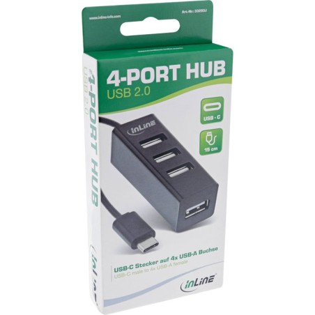 Inline® usb 2.0, 4-port hub, usb-c macho a 4x usb-a female, black, 15cm, slim design