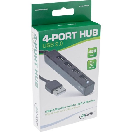 Inline® usb 2.0 hub, 4 port, usb-a macho a 4x usb-a female, black, 15cm, slim design