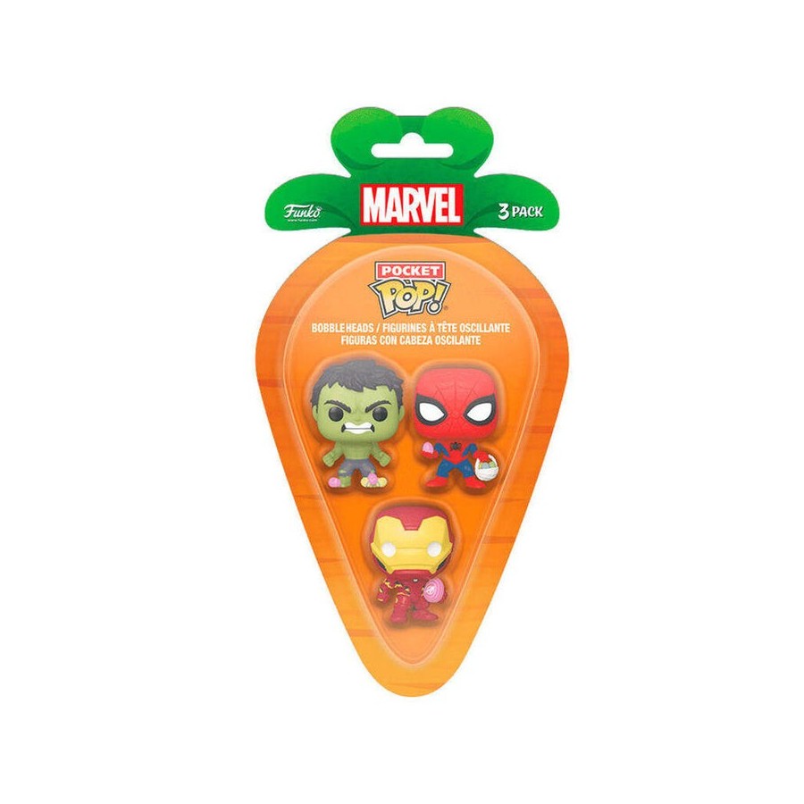 Blister 3 figuras carrot pocket pop marvel spiderman hulk iron man