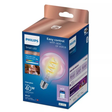 Bombilla wiz philips smart wifi filament clear g95 e27 6.3w 470lm rgb