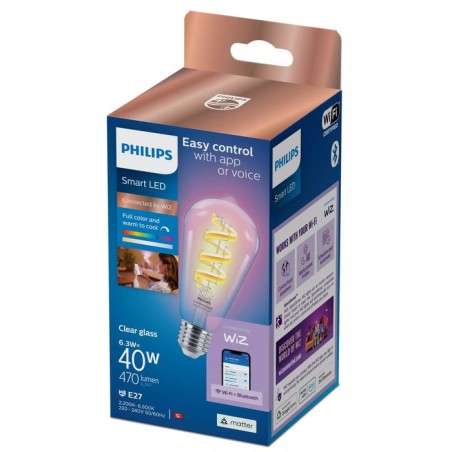 Bombilla wiz philips smart wifi filament clear st64 e27 6.3w 470lm rgb