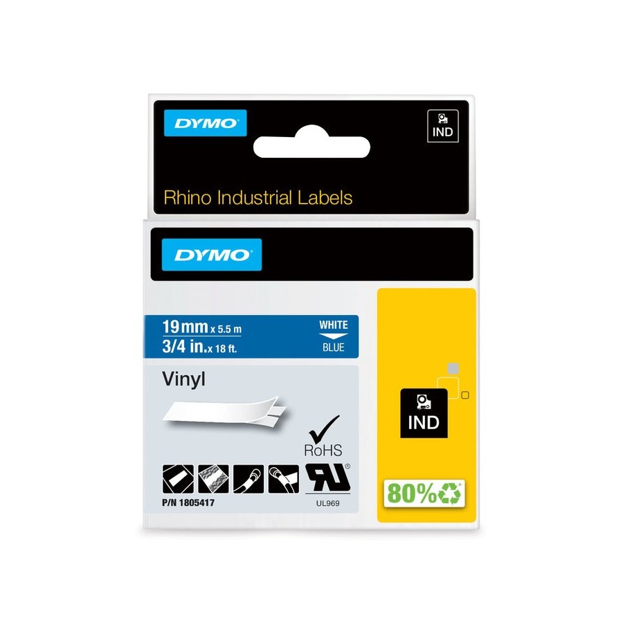 Dymo rhino band vinyl 19mmx5.5m blanco -azul