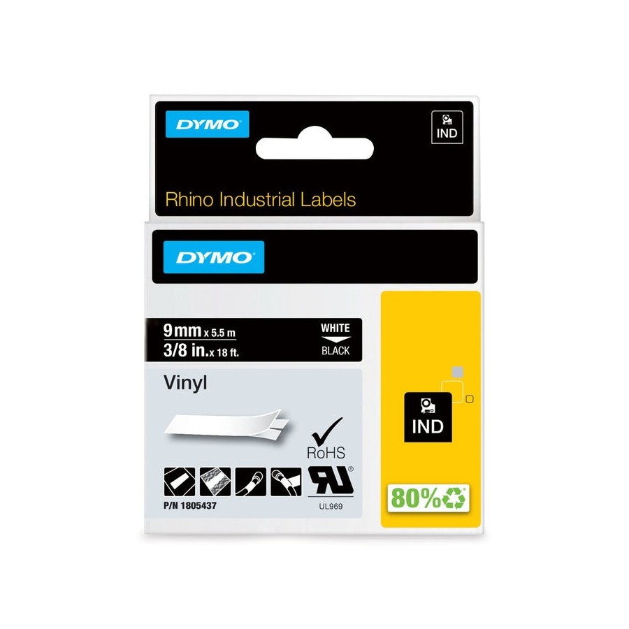 Dymo rhino band vinyl 9mmx5.5m blanco -negro