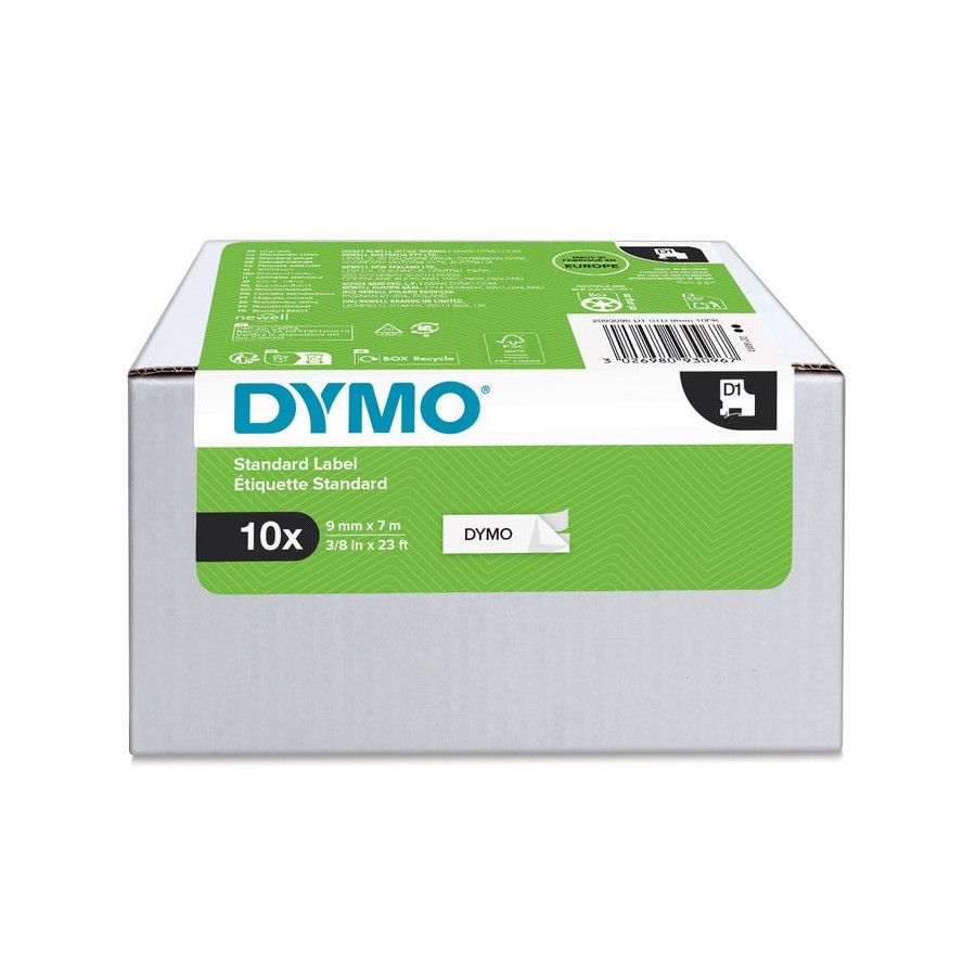 Dymo d1 cinta autoadhesiva estándar, negro sobre blanco, 9mmx7m, pack de 10 s0720680 (41913)