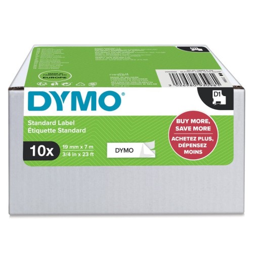 Dymo d1 cinta autoadhesiva estándar, negro sobre blanco, 19mmx7m, pack de 10 s0720830 (45803)