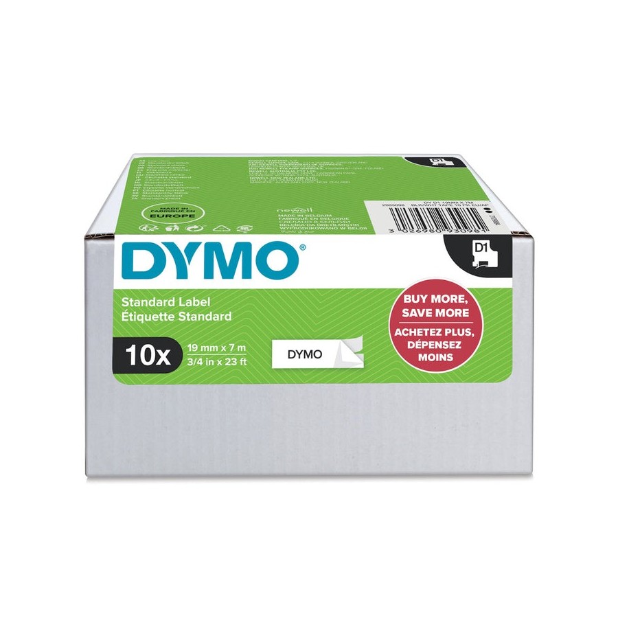 Dymo d1 cinta autoadhesiva estándar, negro sobre blanco, 19mmx7m, pack de 10 s0720830 (45803)