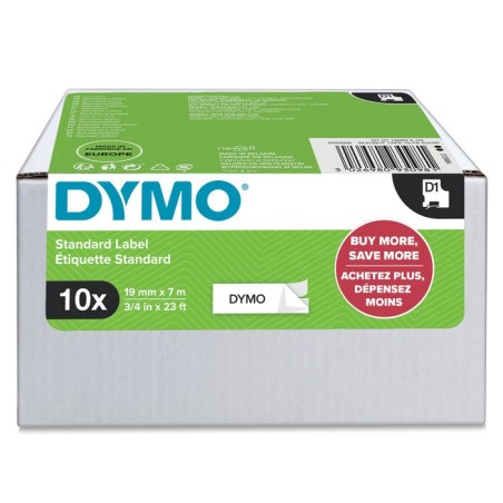 Dymo d1 cinta autoadhesiva estándar, negro sobre blanco, 19mmx7m, pack de 10 s0720830 (45803)