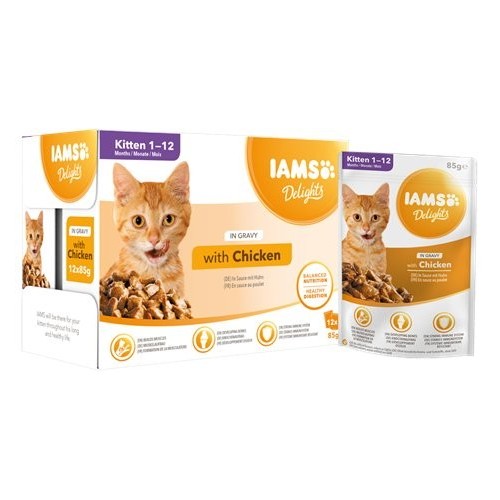Comida húmeda para gatos iams delights kitten chicken in gravy  12 x 85g