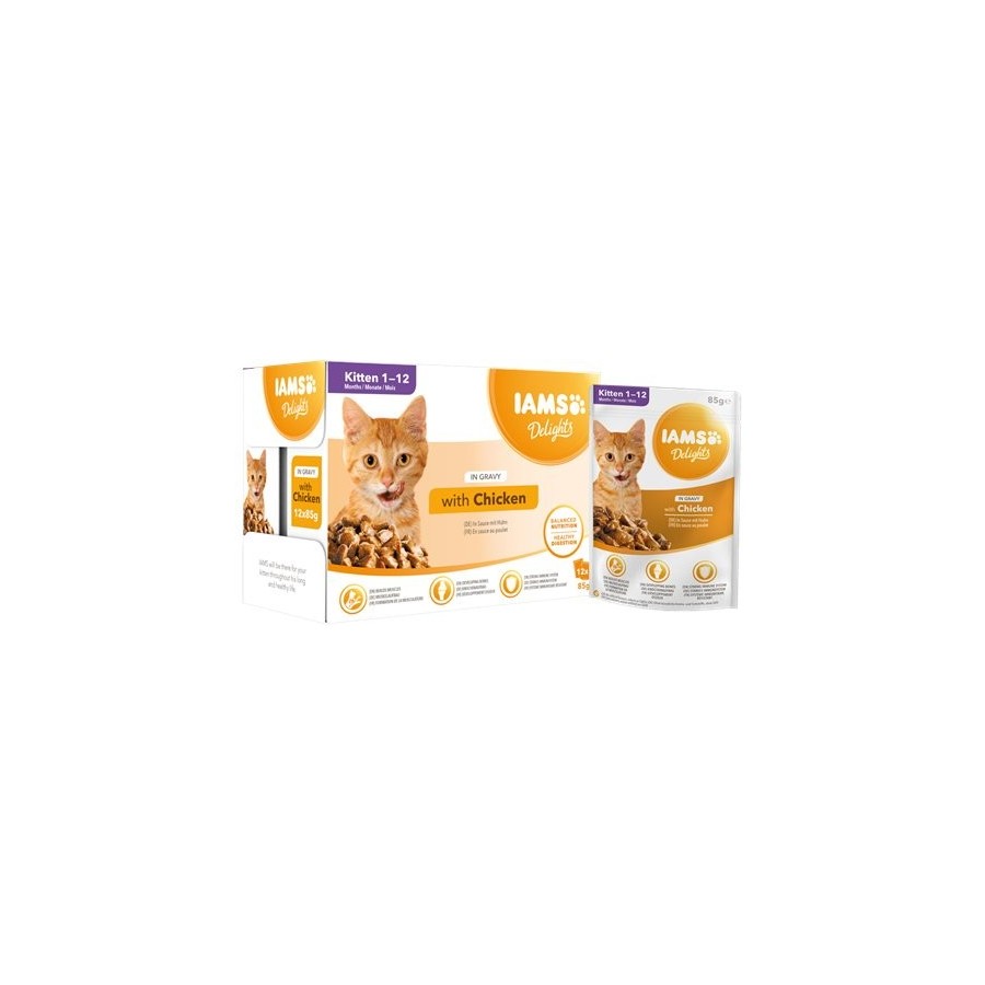 Comida húmeda para gatos iams delights kitten chicken in gravy  12 x 85g