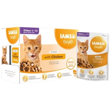 Comida húmeda para gatos iams delights kitten chicken in gravy  12 x 85g