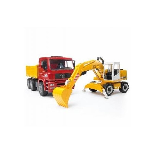 Camión volquete brother man tga, modelo de vehículo (rojo/amarillo, con pala excavadora liebherr)
