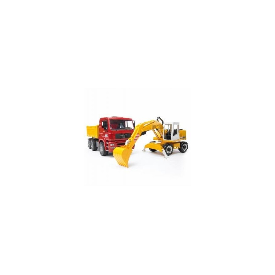 Camión volquete brother man tga, modelo de vehículo (rojo/amarillo, con pala excavadora liebherr)