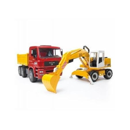 Camión volquete brother man tga, modelo de vehículo (rojo/amarillo, con pala excavadora liebherr)