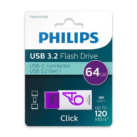 Philips usb 3.2 64gb click series gen 1 usb-c unidad flash usb 128 gb usb tipo a 2.0 plata