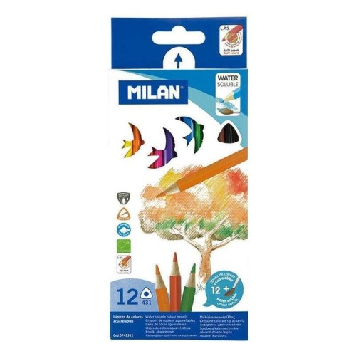 Milan pack de 12 lapices triangulares de colores acuarelables + pincel - mina 2.9mm - trazo uniforme - resistente a la