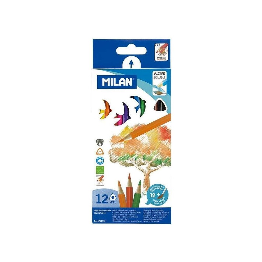 Milan pack de 12 lapices triangulares de colores acuarelables + pincel - mina 2.9mm - trazo uniforme - resistente a la