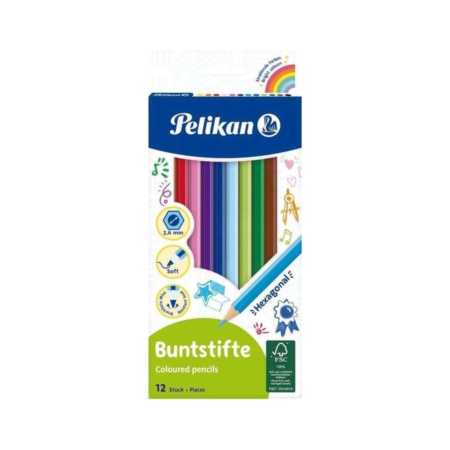 Pelikan caja de 12 lapices de colores hexagonales lacados - mina antirotura - certificacion fsc