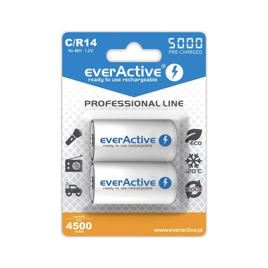 Pilas recargables everactive ni-mh r14 c 5000 mah línea profesional