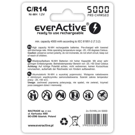 Pilas recargables everactive ni-mh r14 c 5000 mah línea profesional