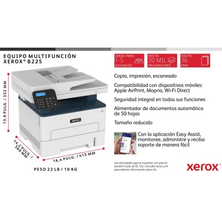 Impresora multifunción  xerox b225 gris/azul, usb, lan, wlan, escanear, copiar b225v_dni
