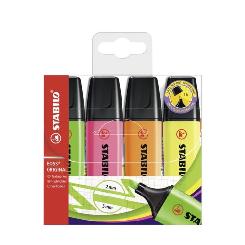 Stabilo boss  estuche de marcadores fluorescentes  - estuche 4 colores - punta biselada