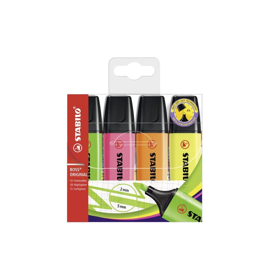 Stabilo boss  estuche de marcadores fluorescentes  - estuche 4 colores - punta biselada