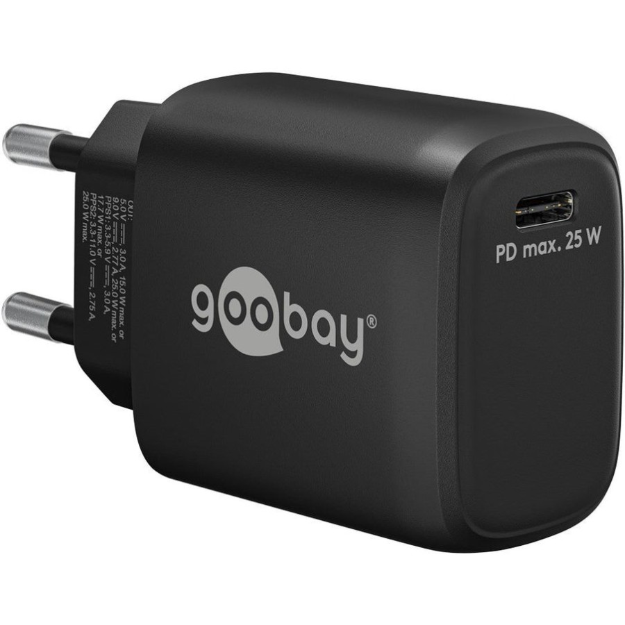 Cargador  25w usb 1 puert. usb-c negro gan fc pd salida lateral goobay