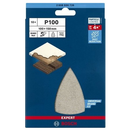 Hoja de lija expert  bosch professional m480 estructura de malla 100 x 150 mm, k100 10 piezas, para lijadora múltiple 2608900726