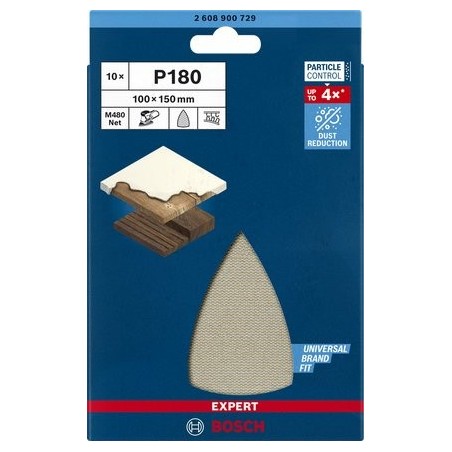 Hoja de lija bosch professional  expert m480 estructura de malla 100 x 150 mm, k180 10 piezas, para lijadora múltiple 2608900729