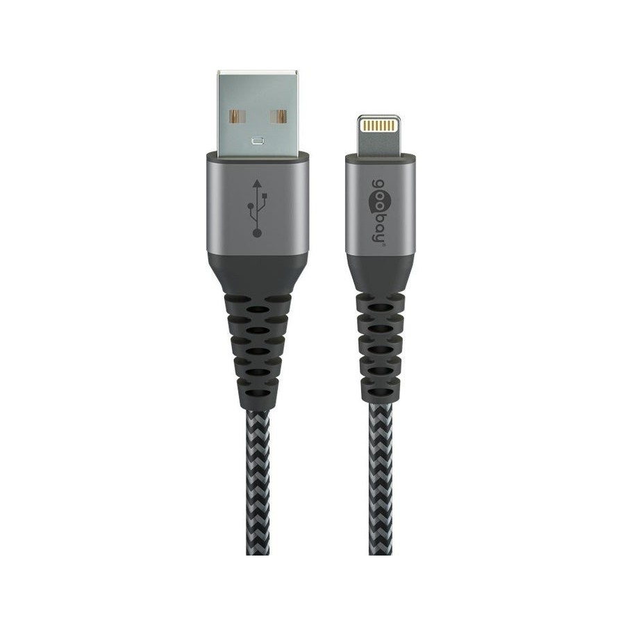Goobay cable adaptador usb 2.0, conector usb-a  conector lightning gris/plateado, 2 metros, con funda, conector metálico 49269