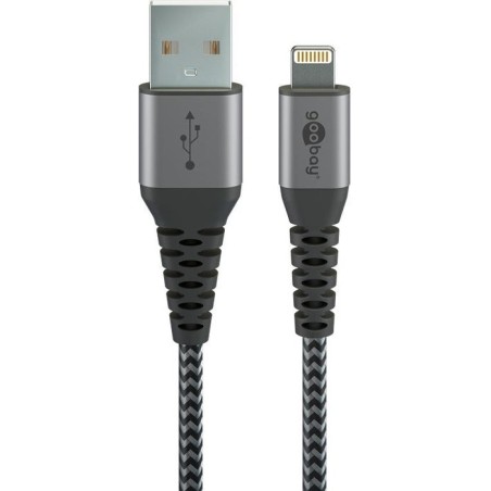 Goobay cable adaptador usb 2.0, conector usb-a  conector lightning gris/plateado, 2 metros, con funda, conector metálico 49269