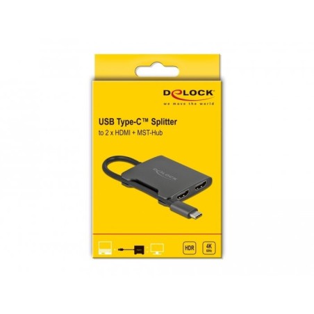 Adaptador usb delock, enchufe usb-c  2x toma hdmi negro, 15 cm, divisor de vídeo, mst 4k 60 hz 87778
