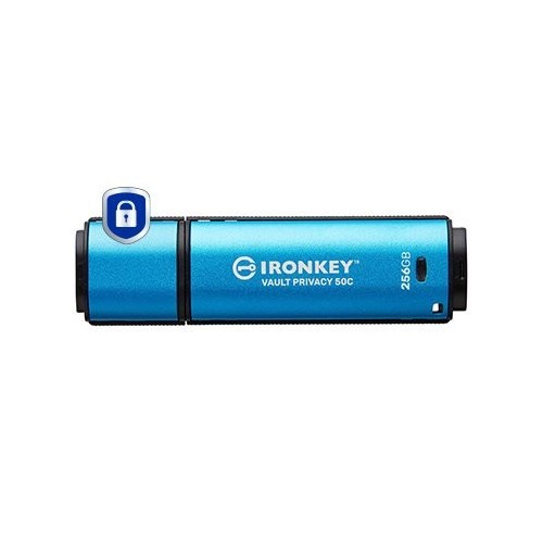 Kingston ironkey vault privacy 50 256 gb, lápiz usb celeste/negro