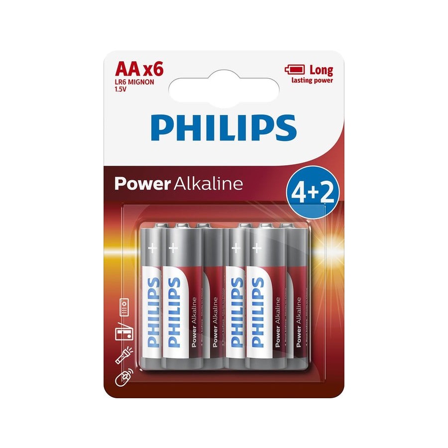 Pack 6 pilas alcalinas aa philips lr6p6bp 10 1.5v