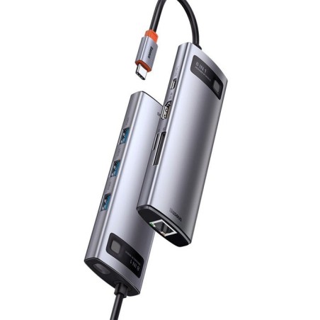 Baseus hub metal gleam 8 en 1 tipo-c 3x usb 3.0 pd hdmi rj45 lector de tarjetas sd microsd