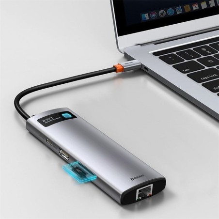 Baseus hub metal gleam 8 en 1 tipo-c 3x usb 3.0 pd hdmi rj45 lector de tarjetas sd microsd