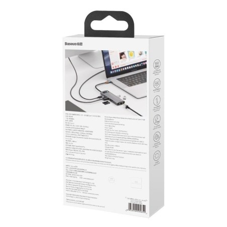 Baseus hub metal gleam 8 en 1 tipo-c 3x usb 3.0 pd hdmi rj45 lector de tarjetas sd microsd