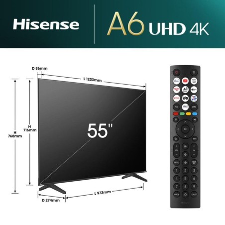 Televisor 55'' uhd 4k 55a6n smart tv hisense 55''/ ultra hd/ 60hz/ 3xhdmi/ 2x usb2.0/ 2x10w/ wifi/ bluetooth 4.2