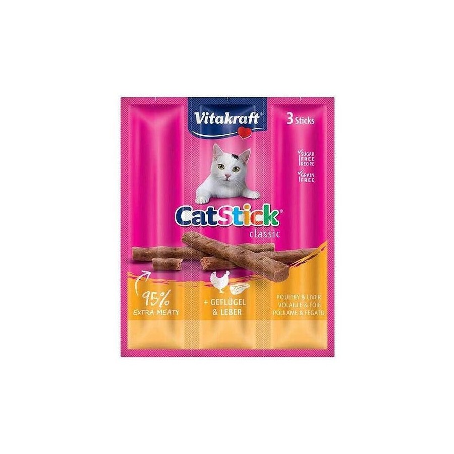Goma para gatos vitakraft catstick mini with poultry and liver  3 piezas