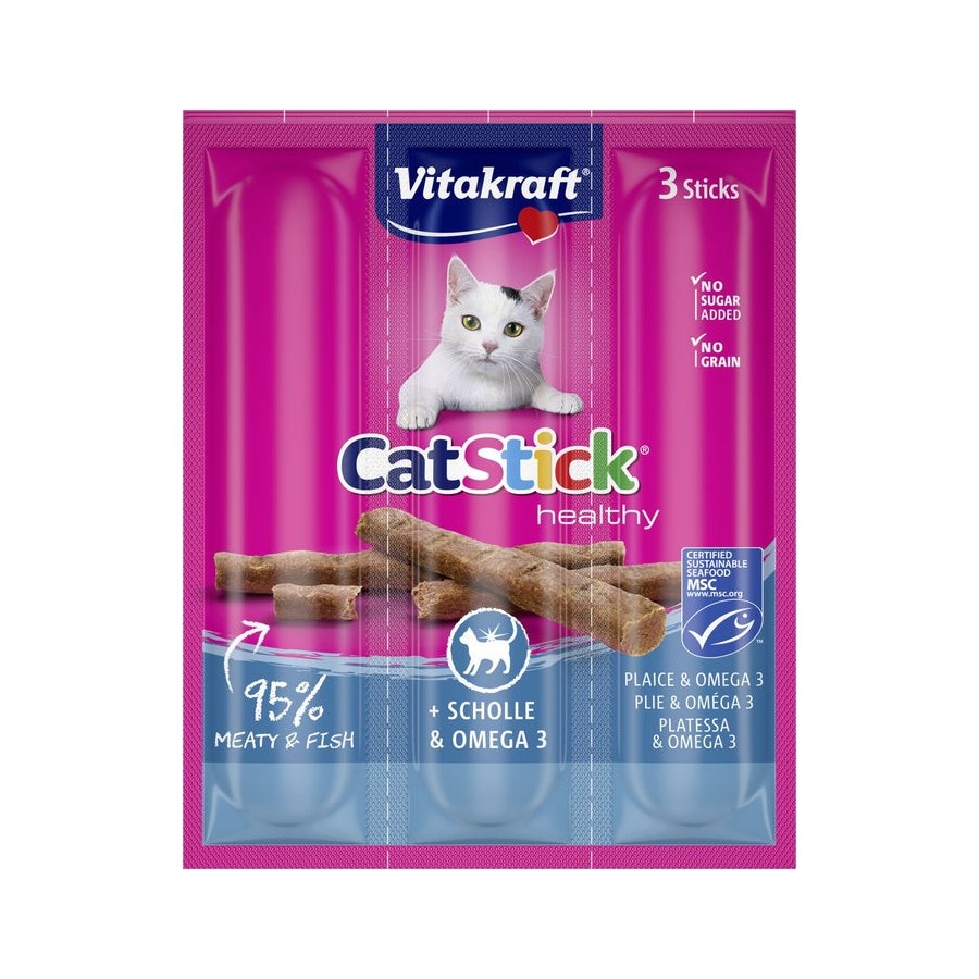 Goma para gatos vitakraft catstick mini with flounder and omega-3  3 piezas