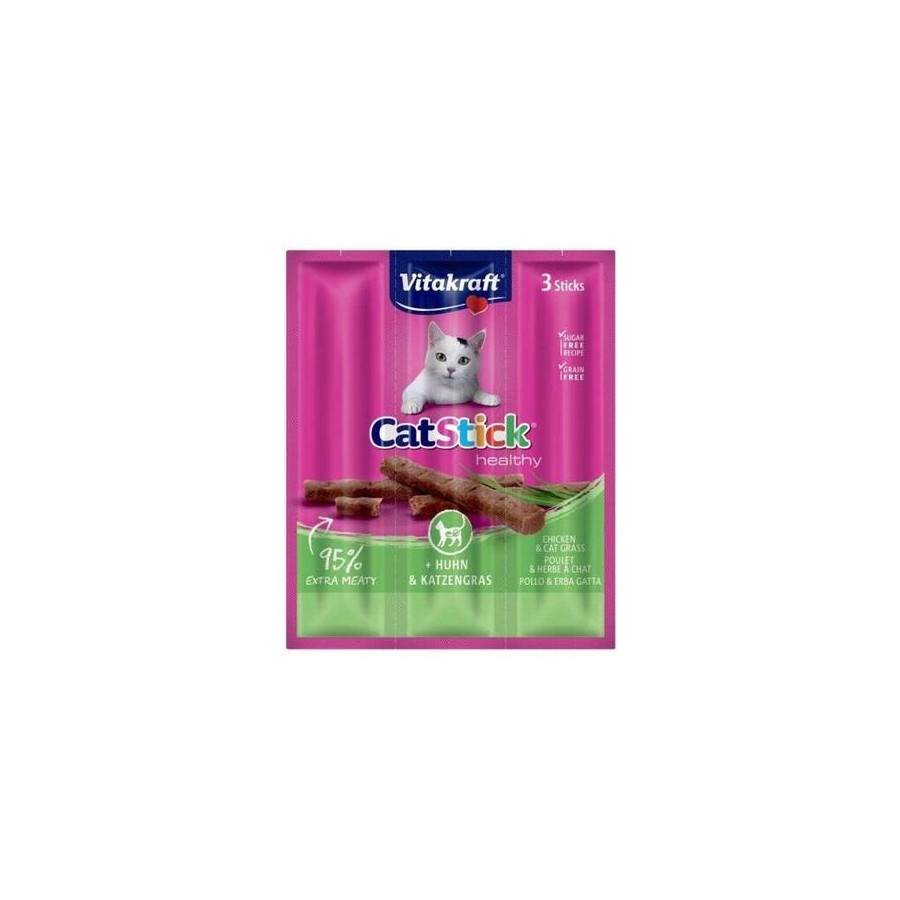 Goma para gatos vitakraft catstick mini chicken with grass  3 piezas