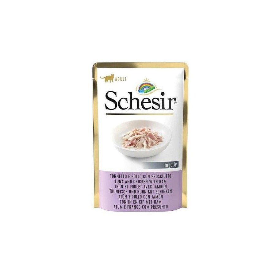 Comida húmeda para gatos schesir en gelatina atún y pollo con jamón  85 g