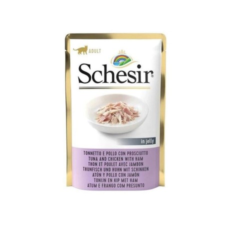 Comida húmeda para gatos schesir en gelatina atún y pollo con jamón  85 g