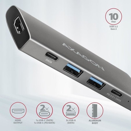 Axagon hmc-5g2 multiport-hub, usb 3.2 gen2, hdmi, 2x usb-a, 2x usb-c